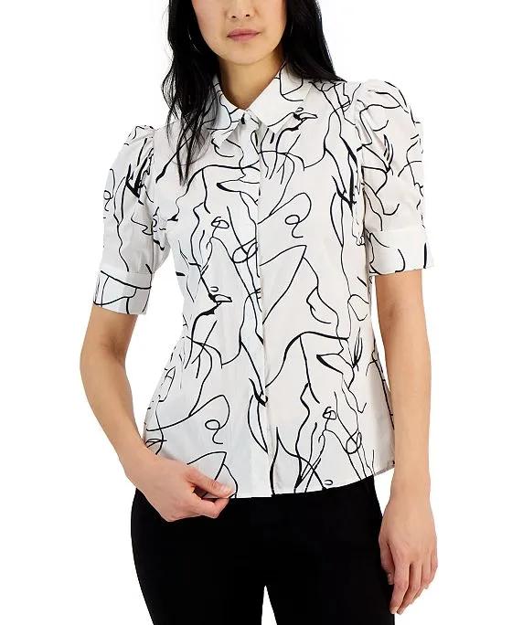 Women's Printed Button-Down Puff-Sleeve Top