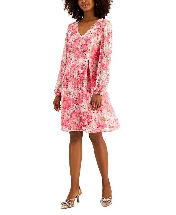 Women's Printed Chiffon Long Sleeve Shift Dress, Created for Macy's