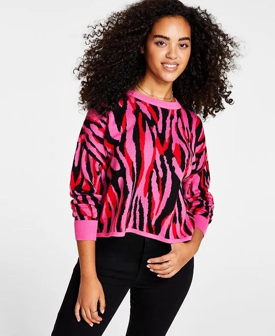 Women's Printed Drop-Shoulder Ribbed-Edge Sweater, Created for Macy's