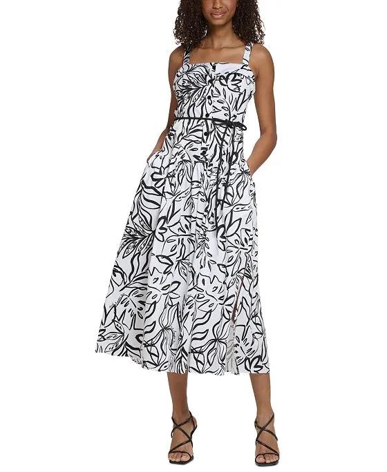 Women's Printed Drop-Waist Belted Maxi Dress