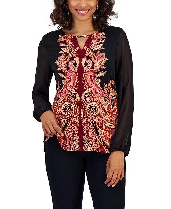 Women's Printed Embellished Chiffon-Sleeve Top, Created for Macy's