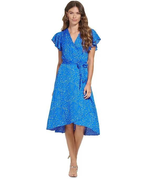 Women's Printed Flutter-Sleeve Faux-Wrap Dress