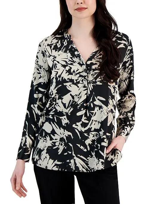 Women's Printed Half-Placket Long-Sleeve Satin Blouse, Created for Macy's