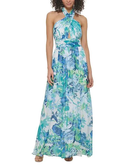 Women's Printed Halter-Neck A-Line Slit-Front Gown 