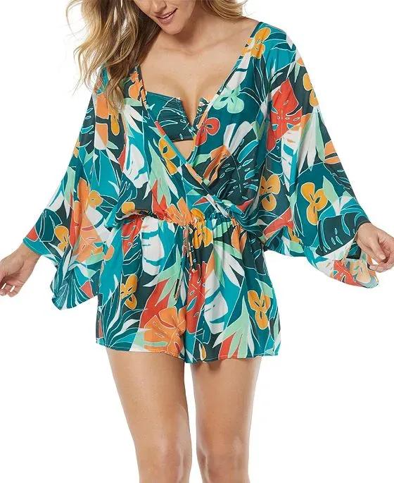 Women's Printed Long-Sleeve Romper Cover-Up