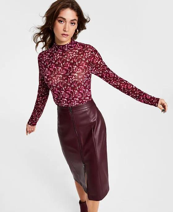 Women's Printed Mesh Mock-Neck Top, Created for Macy's