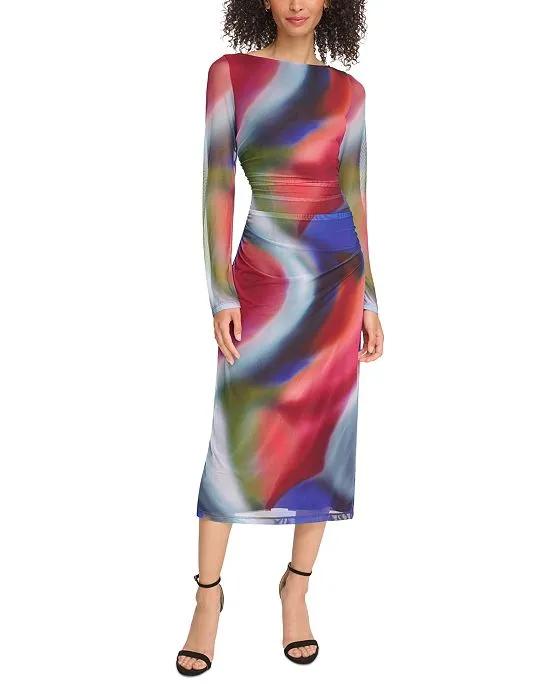 Women's Printed Mesh Ruched Bodycon Dress