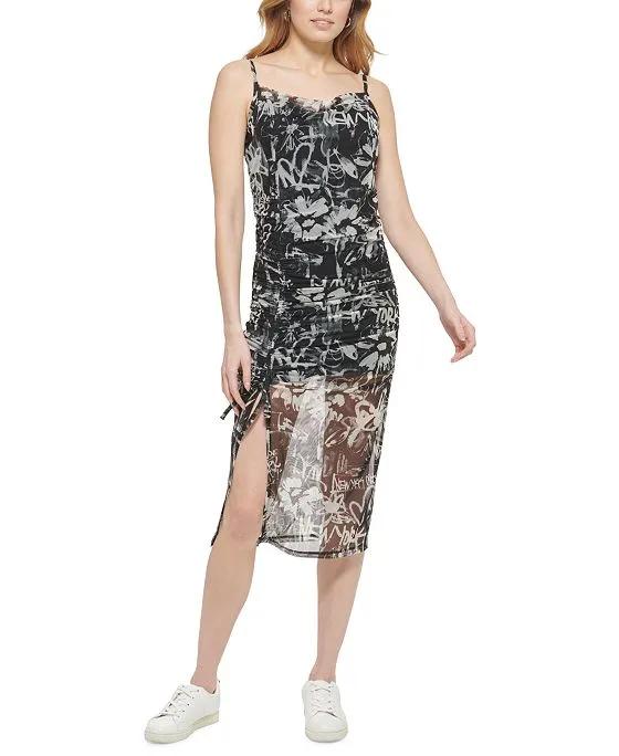 Women's Printed Mesh Side-Ruched Dress