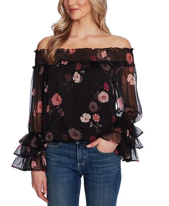 Women's Printed Off-The-Shoulder Ruffled-Sleeve Top
