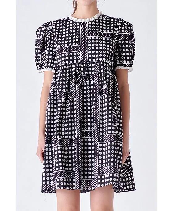 Women's Printed Puff Sleeve Babydoll Mini Dress