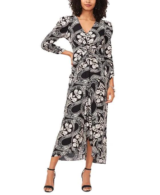Women's Printed Ruched 3/4-Sleeve Maxi Dress