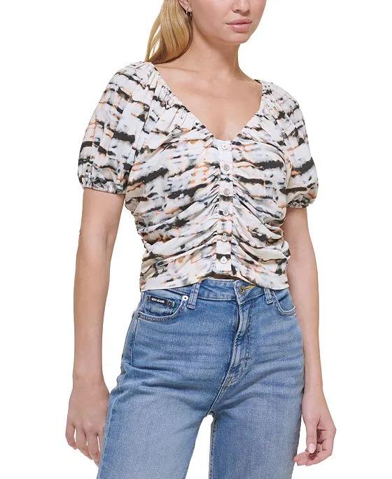 Women's Printed Ruched Button-Front Top