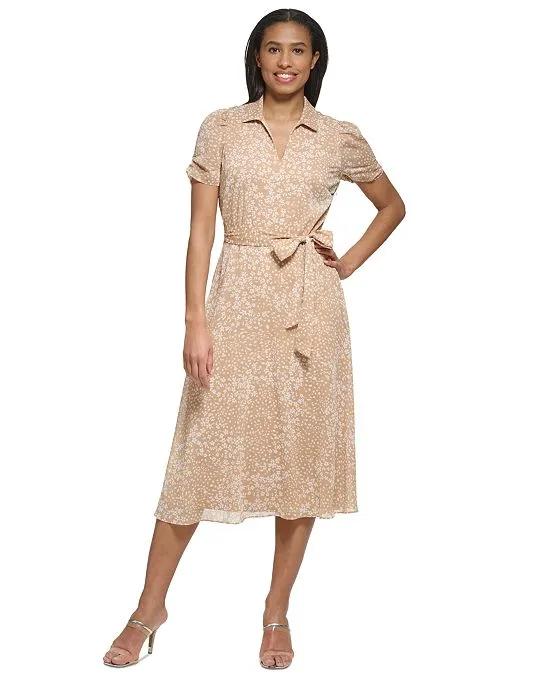 Women's Printed Ruched-Sleeve Midi Dress