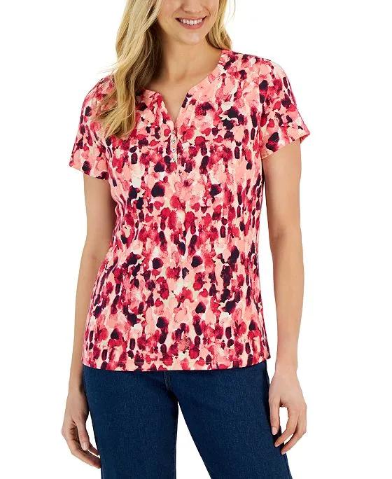 Women's Printed Short-Sleeve Henley Top, Created for Macy's