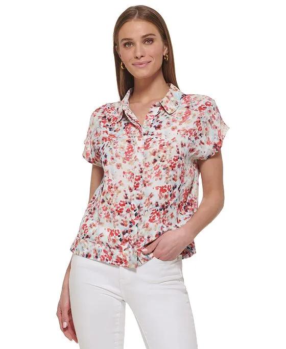 Women's Printed Short-Sleeve Seam-Detail Shirt