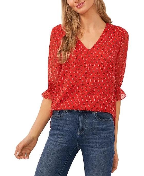 Women's Printed Smocked Elbow-Sleeve V-Neck Top