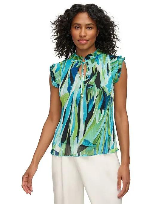 Women's Printed Tie-Neck Ribbed Ruffle Top