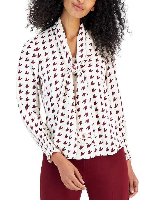 Women's Printed Tie-Neck Smocked-Cuff Blouse