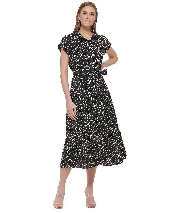 Women's Printed Tiered Belted Shirtdress