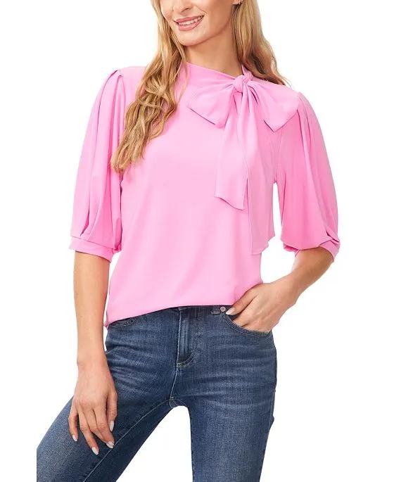 Women's Puff-Sleeve Bow-Neck Elbow Sleeve Top 