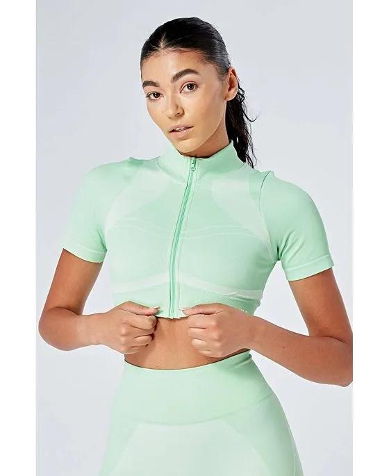 Women's Recycled Colour Block Zip-up Crop Top Green