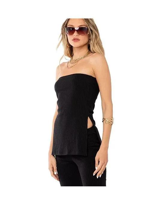 Women's Rib Strapless With Slits Tube Top