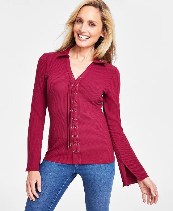 Women's Ribbed Lace-Up Top, Created for Macy's