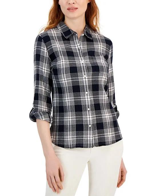 Women's Roll-Tab Sleeve Buttoned Top 