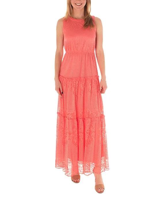 Women's Round-Neck Tiered Lace Maxi Dress