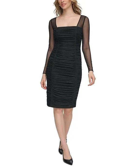 Women's Ruched Sheer-Sleeve Square-Neck Sheath Dress