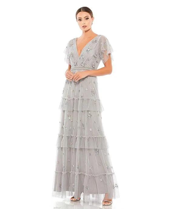 Women's Ruffle Tiered Embellished Flutter Sleeve Gown