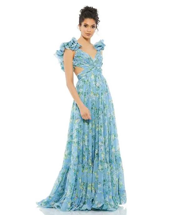 Women's Ruffle Tiered Floral Cut-Out Chiffon Gown