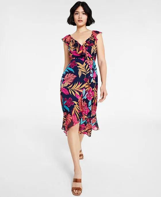 Women's Ruffled Metallic-Stripe Floral Midi Dress