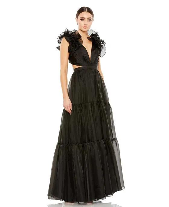 Women's Ruffled Shoulder Cut Out Soft Tie Back Tiered Gown