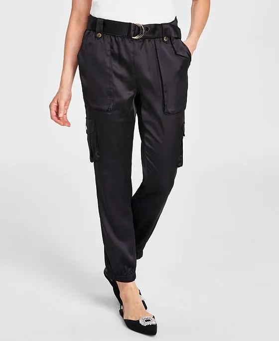 Women's Satin High-Rise Belted Cargo Pants, Created for Macy's