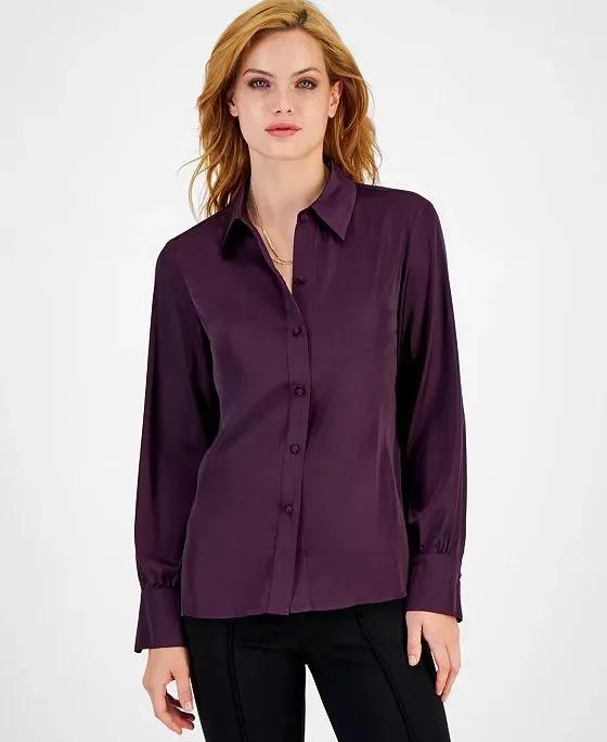 Women's Satin Long-Sleeve Collared Blouse, Created for Macy's