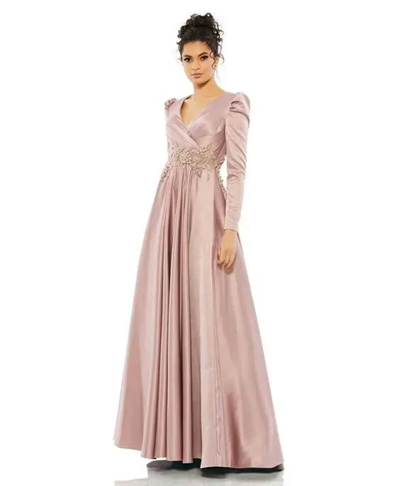 Women's Satin Long Sleeve V Neck A Line Gown