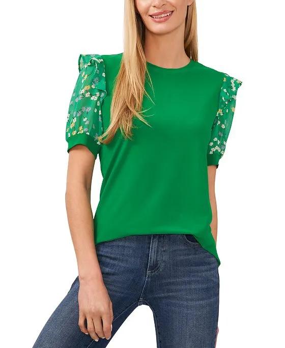 Women's Scattered Daisy Short Puff Sleeve Knit Top