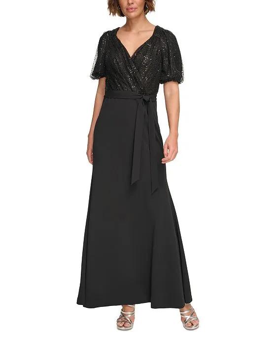 Women's Sequin-Top Puff-Sleeve Tie-Waist Dress