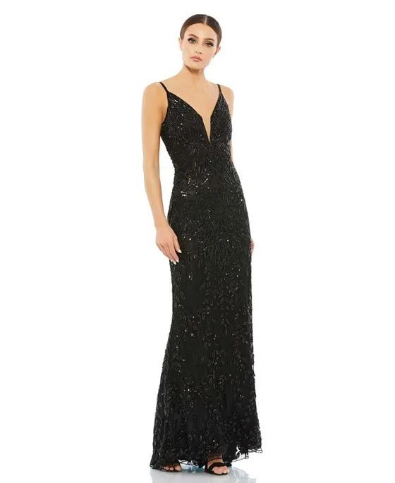 Women's Sequined Sleeveless Plunge Neck Trumpet Gown