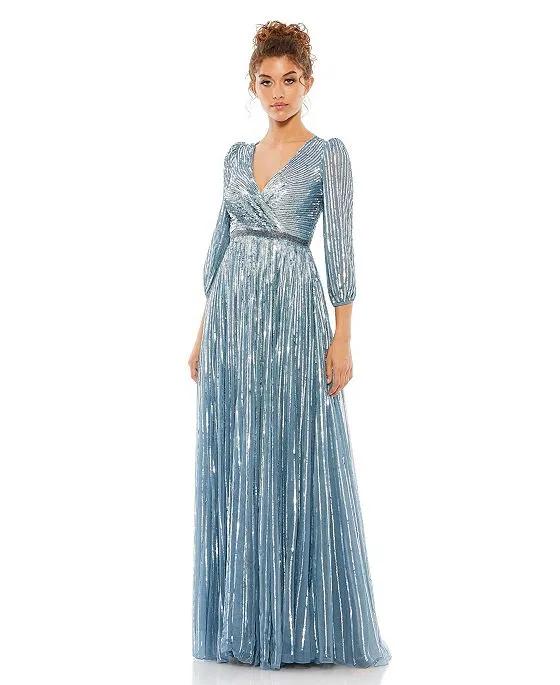 Women's Sequined Wrap Over 3/4 Sleeve Gown