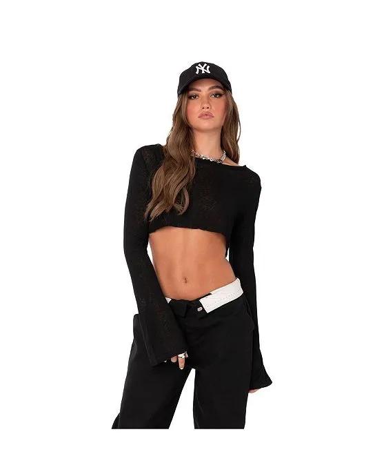 Women's Sheer Crop Top With Long Sleeve And Raw Hem