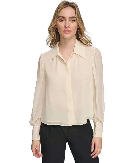 Women's Sheer-Sleeve Collared Shirt