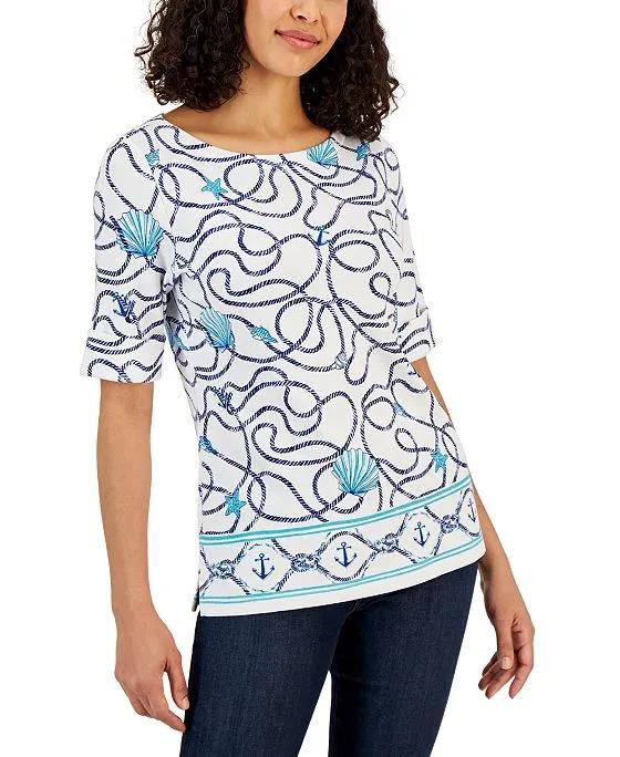 Women's Shoreline Mixed-Print Elbow-Sleeve Top, Created for Macy's