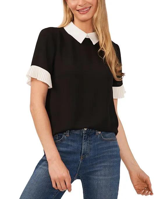 Women's Short Sleeve Color Blocked Collared Blouse