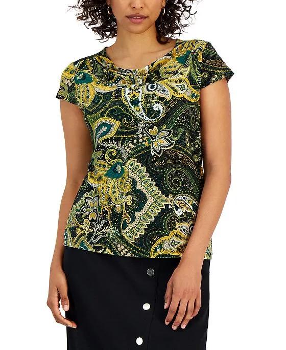 Women's Short Sleeve Floral-Print Cowl-Neck Top
