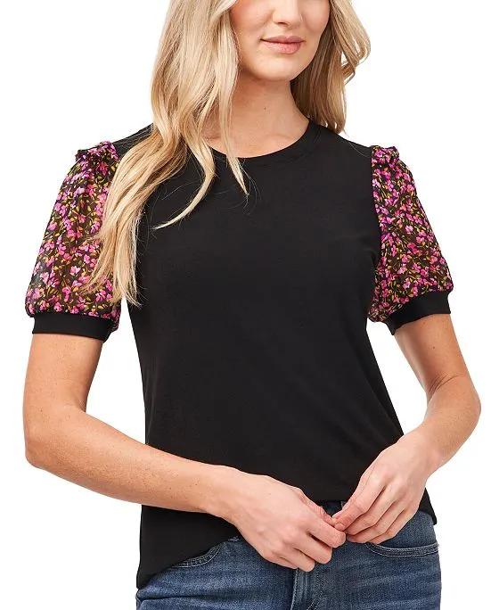 Women's Short Sleeve Floral Puff-Sleeve Knit Top  