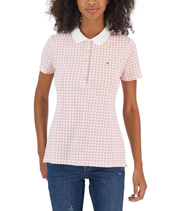 Women's Short Sleeve Houndstooth Print Polo Top