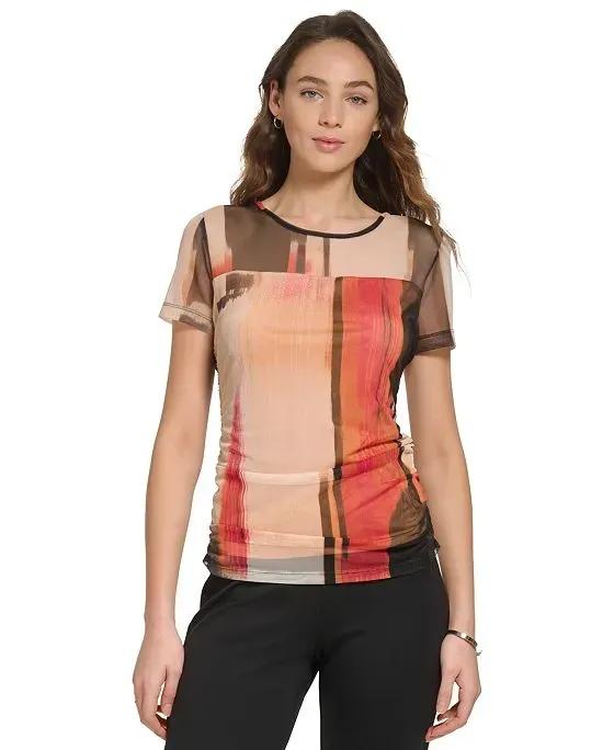 Women's Short Sleeve Printed Mesh Overlay Top  