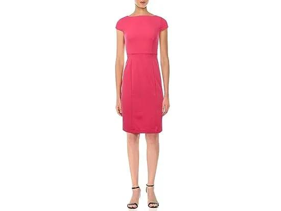 Women's Short Sleeve Tie Portrait Collar Fit and Flare Stretch Crepe Dress